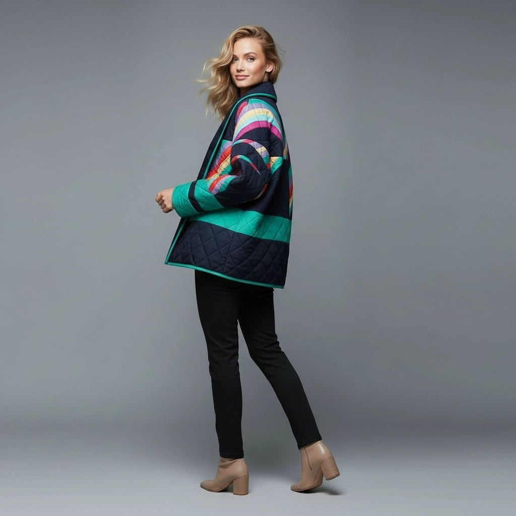 Bunte Steppjacke für Damen in Oversized Passform im Vintage Stil mit Schalkragen
