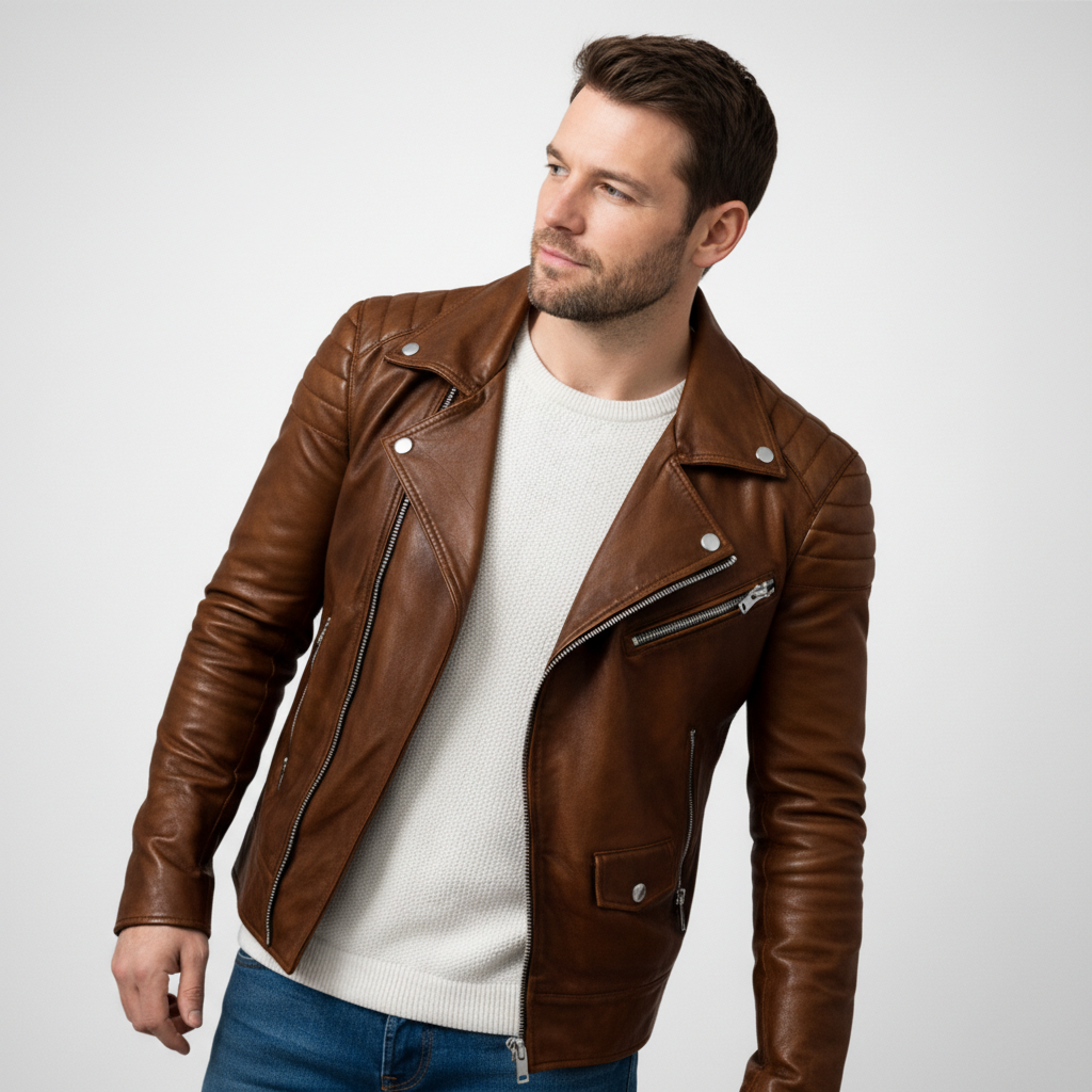 Kurze Biker Jacke für Herren mit gesteppten Ärmeln und asymmetrischem Reißverschluss