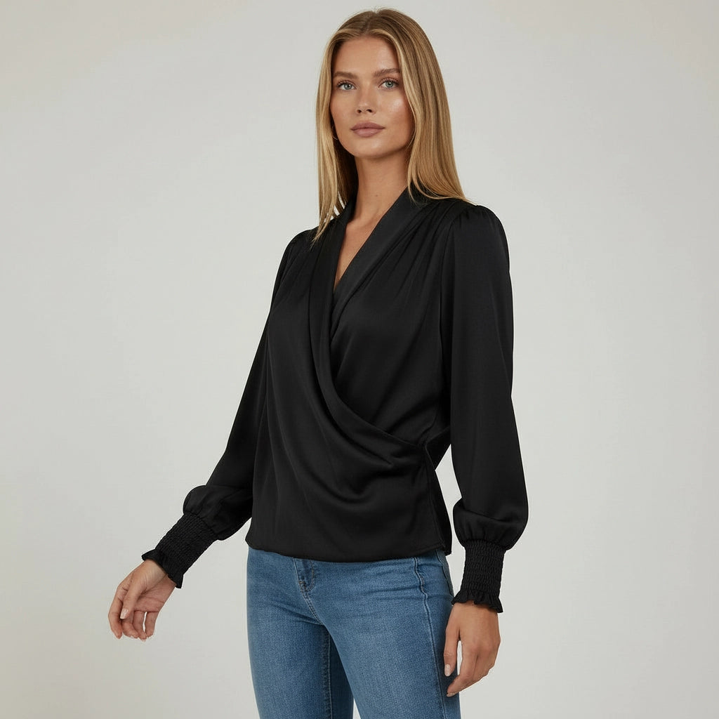 Damen Bluse mit Drapiertem V Ausschnitt und Elastischen Manschetten