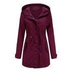 Regenjacke für Damen aus Baumwolle mit Kapuze in langer Form Rot 10