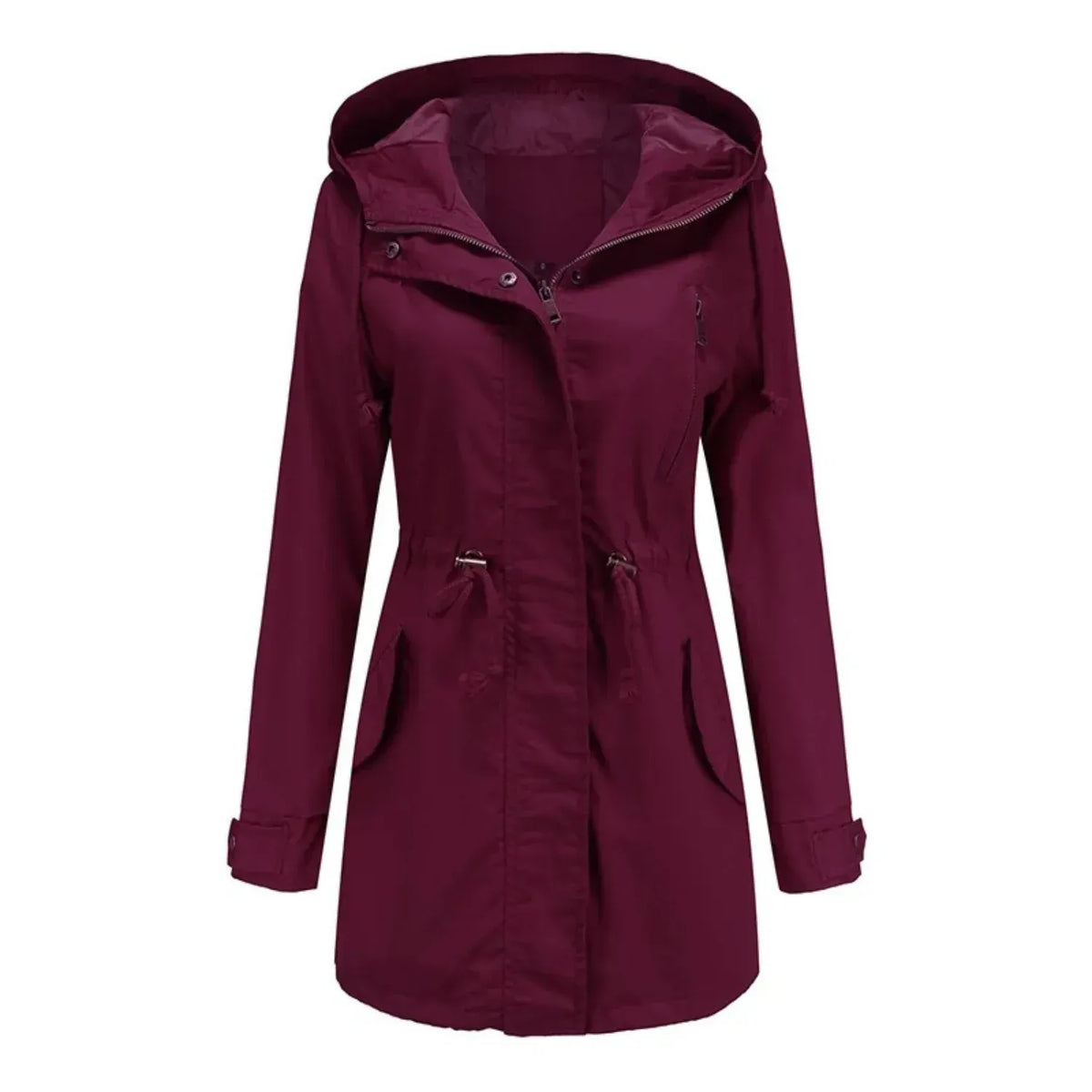 Regenjacke für Damen aus Baumwolle mit Kapuze in langer Form Rot 10