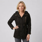 Regenjacke für Damen aus Baumwolle mit Kapuze in langer Form Schwarz 11