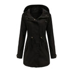Regenjacke für Damen aus Baumwolle mit Kapuze in langer Form Schwarz 2