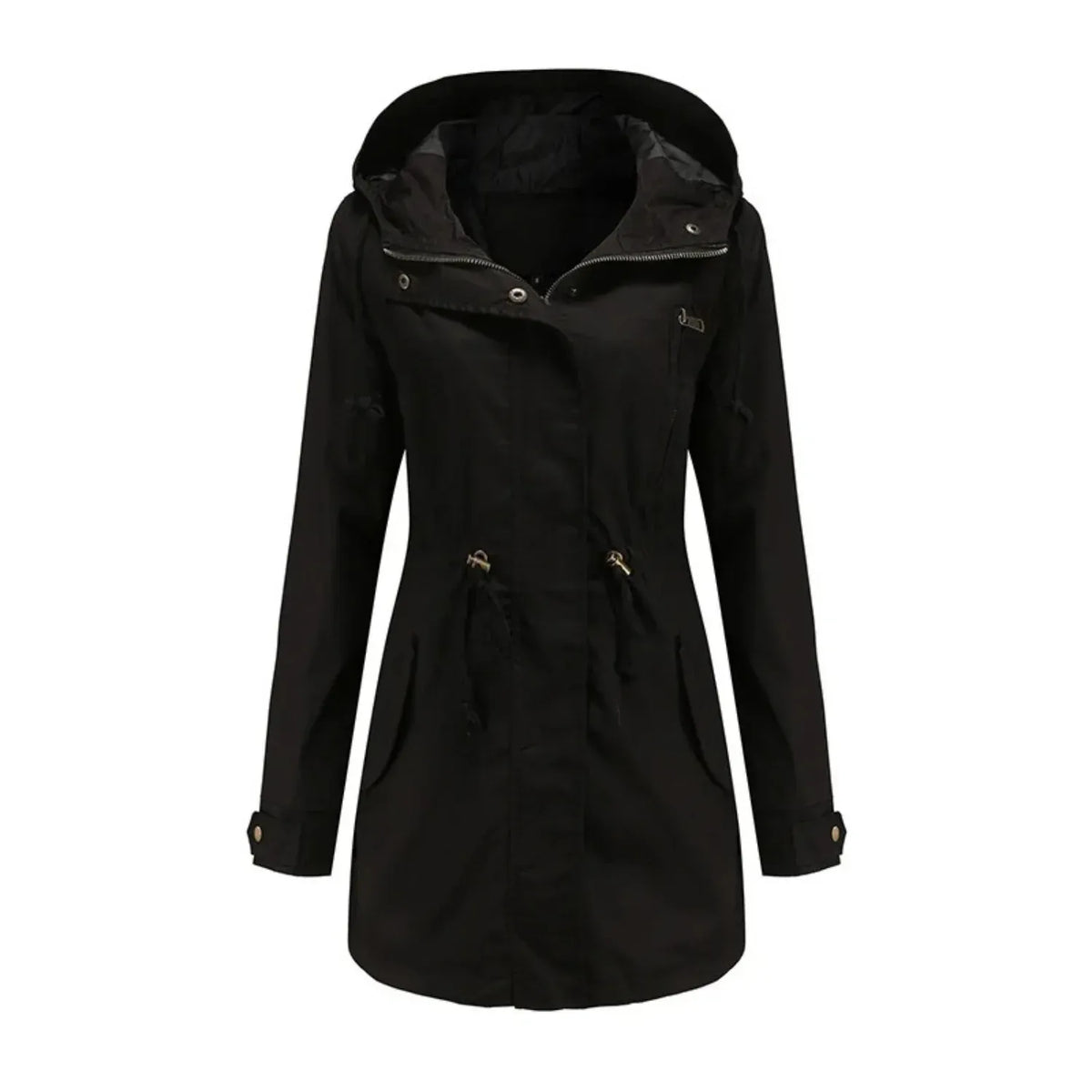 Regenjacke für Damen aus Baumwolle mit Kapuze in langer Form Schwarz 2