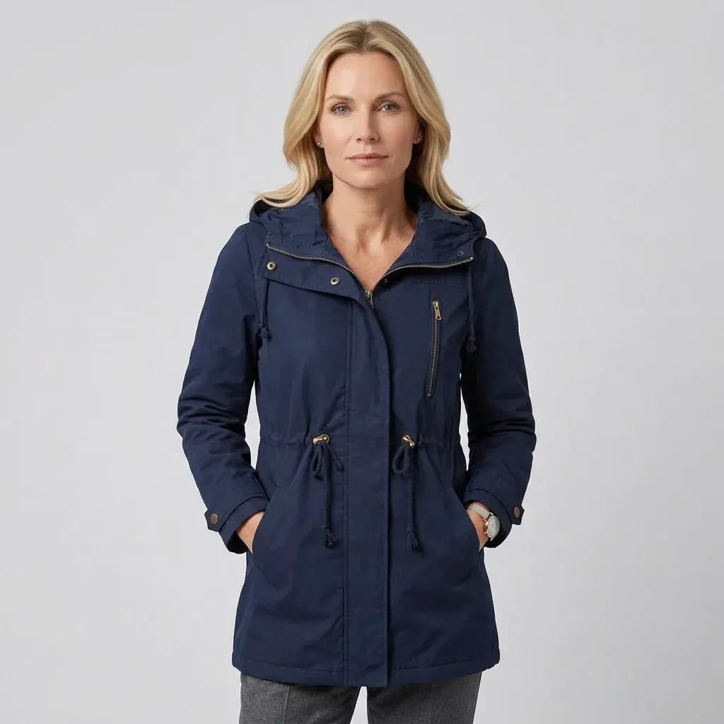 Regenjacke für Damen aus Baumwolle mit Kapuze in langer Form Dunkelblau 4