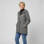 Regenjacke für Damen aus Baumwolle mit Kapuze in langer Form Grau 8
