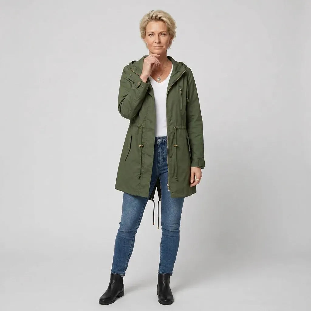Regenjacke für Damen aus Baumwolle mit Kapuze in langer Form Grün 9