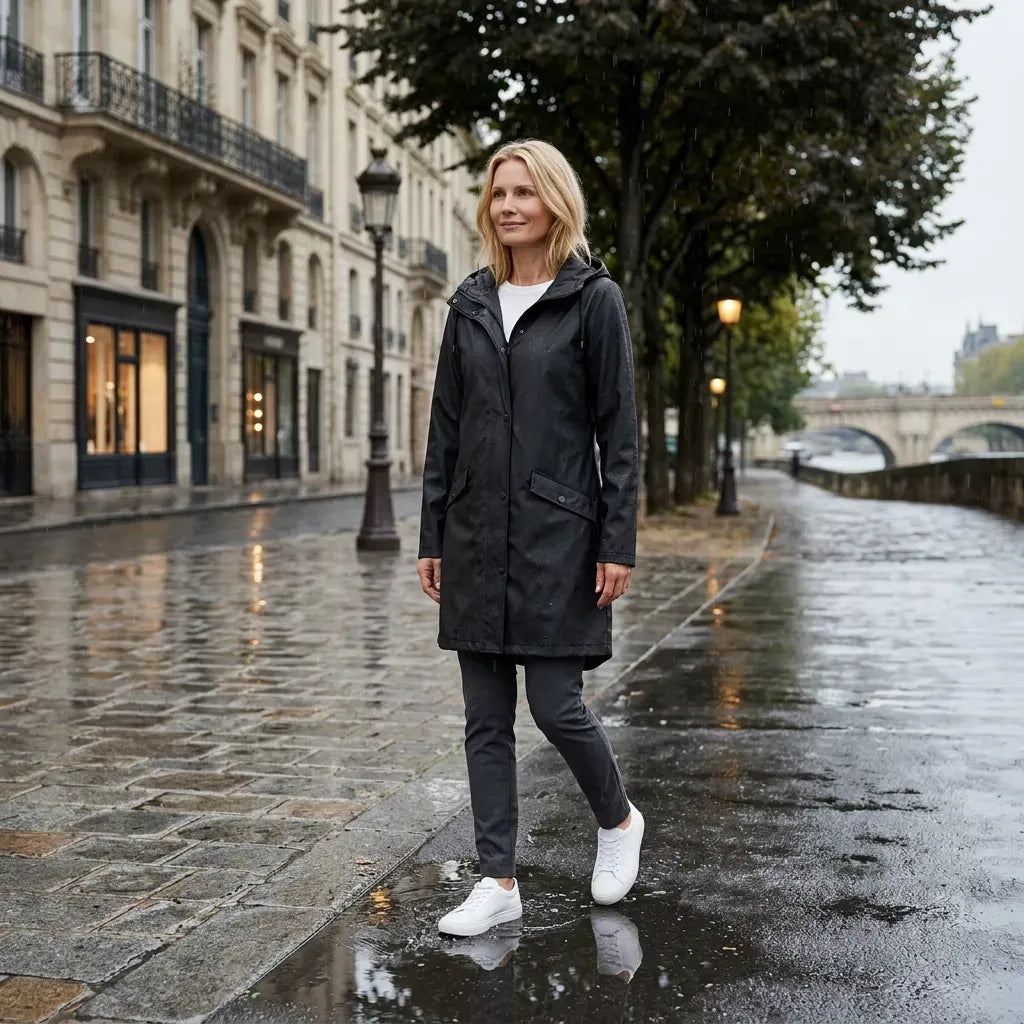 Regenjacke für Damen aus Synthetikfaser zum Wandern mit Kapuze Schwarz 1