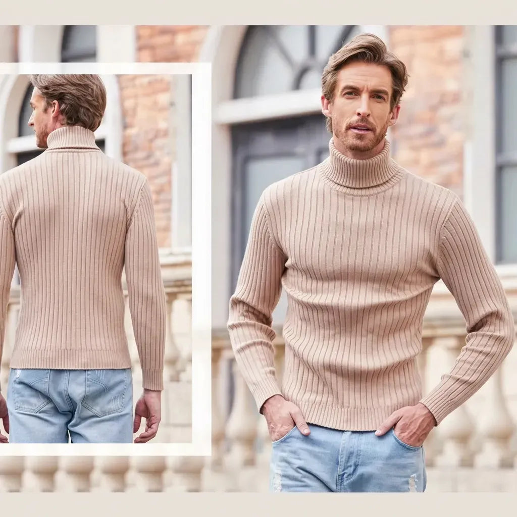 Rollkragenpullover für Herren aus Strukturstrick im Slim Fit mit Rippstrickstruktur Khaki 1