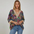 Bunte Damen Bluse mit V-Ausschnitt und 3/4 Ärmeln