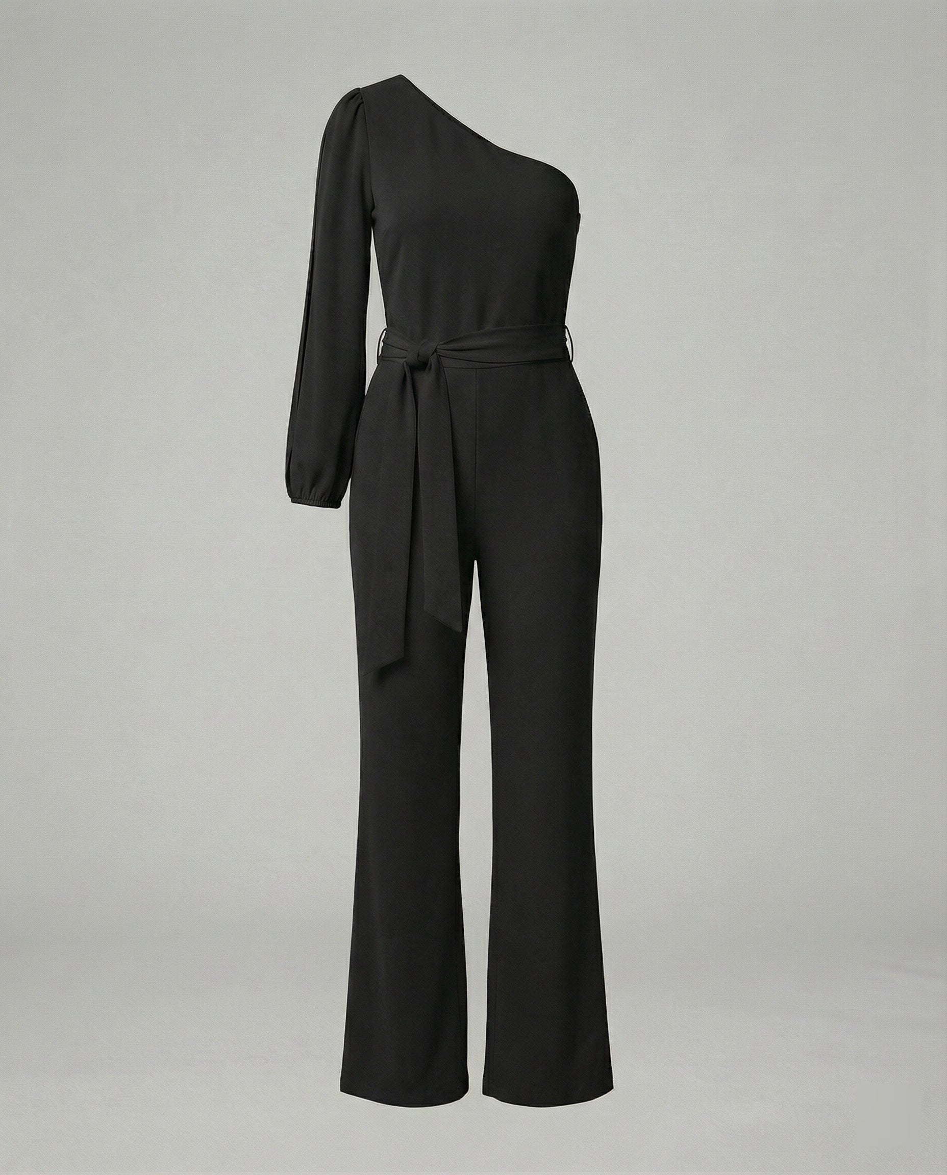 Eleganter Damen Jumpsuit im One Shoulder Schnitt mit Bindegürtel und weitem Bein