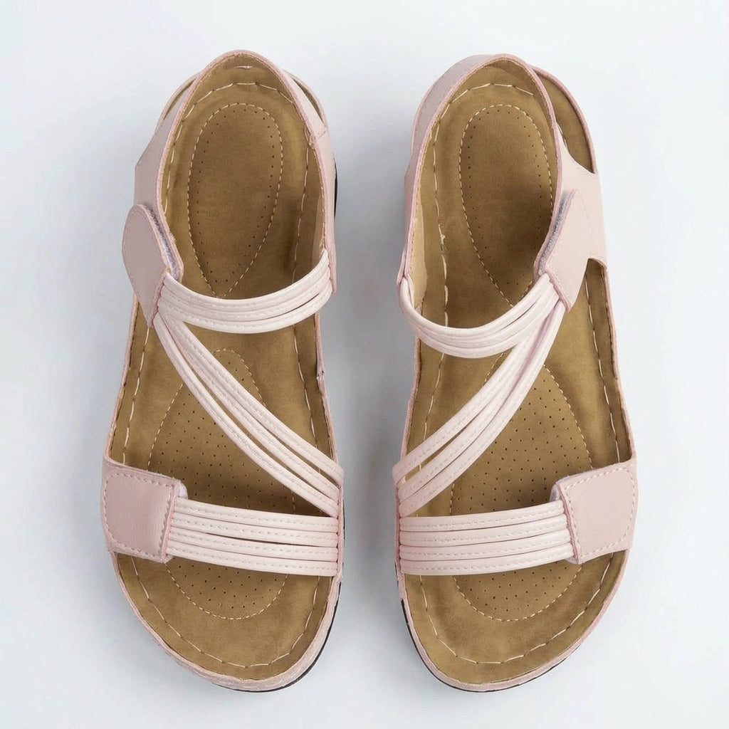 Sandalen für Damen in flacher Form mit Riemchen aus Leder Rosa 1