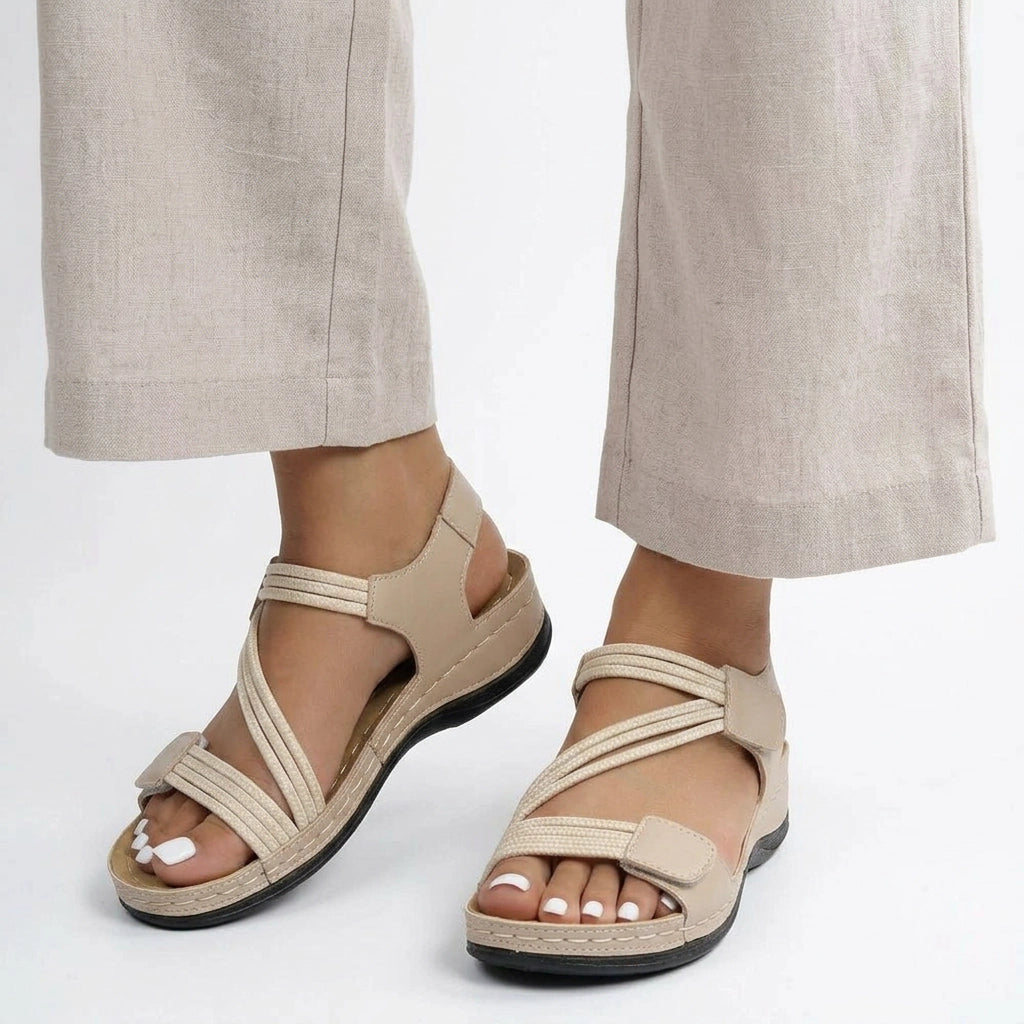 Sandalen für Damen in flacher Form mit Riemchen aus Leder Beige 3