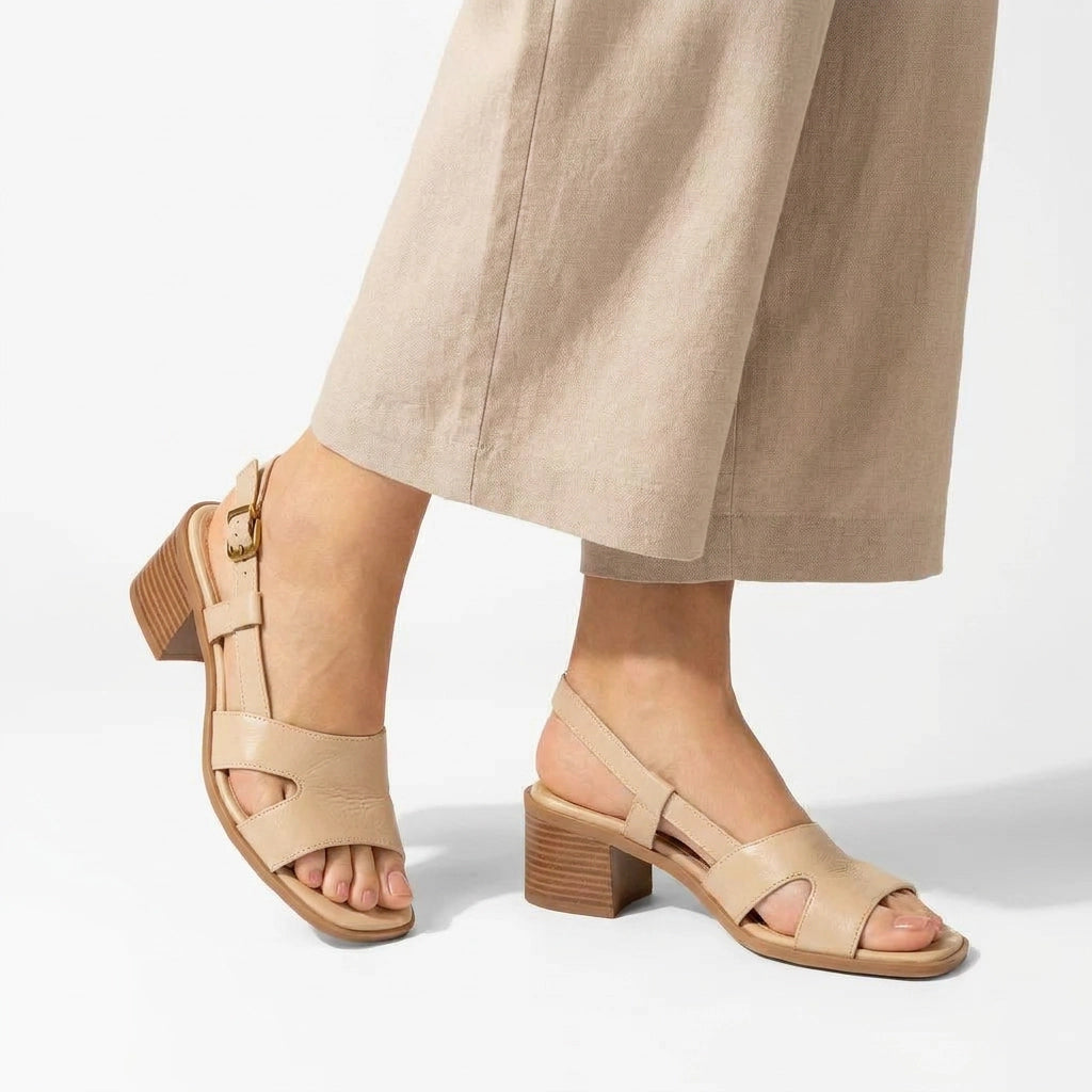 Sandalen für Damen mit Blockabsatz aus Leder Beige 2