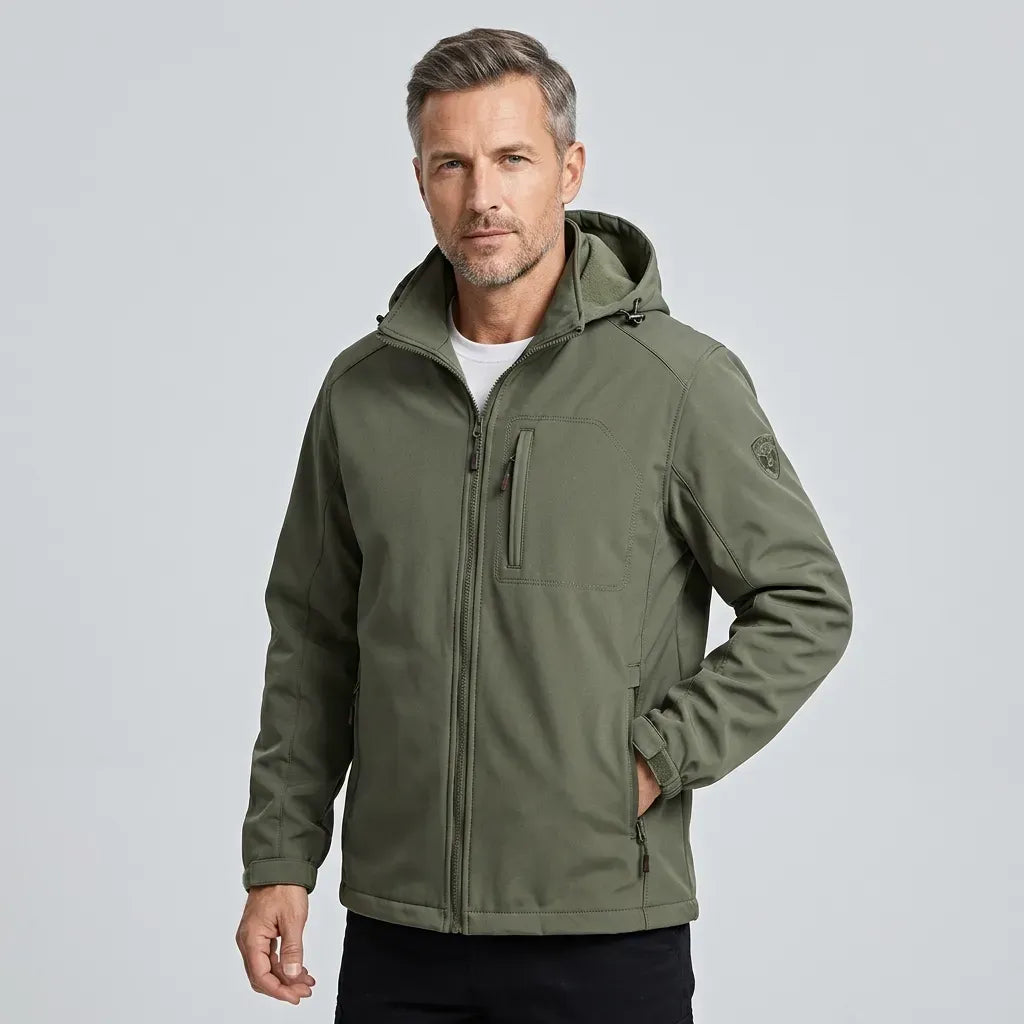 Softshelljacke für Herren aus Synthetikmaterial mit Kapuze für Übergangszeiten Olive 2