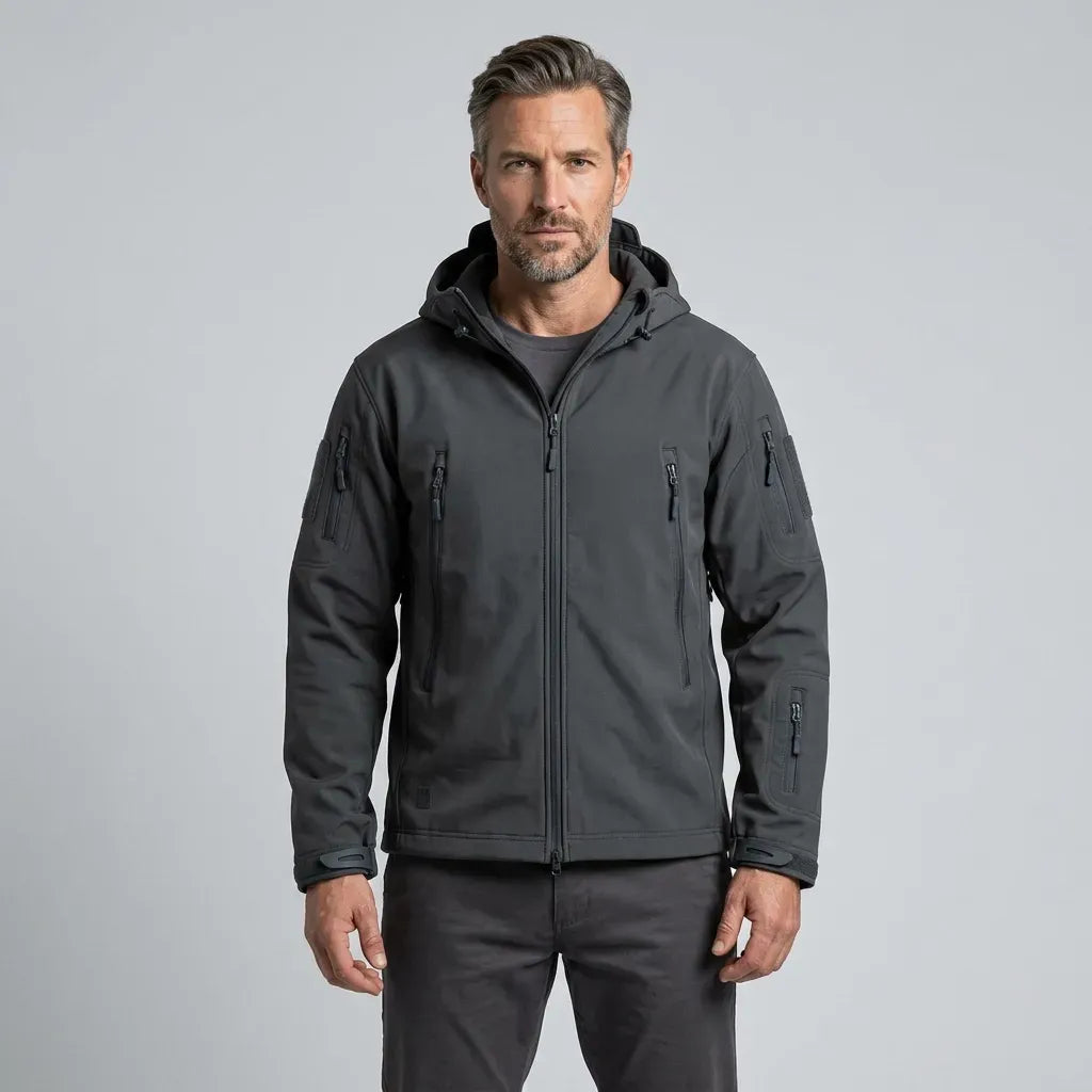 Softshelljacke für Herren mit Kapuze im taktischen Stil und winddicht Grau 11