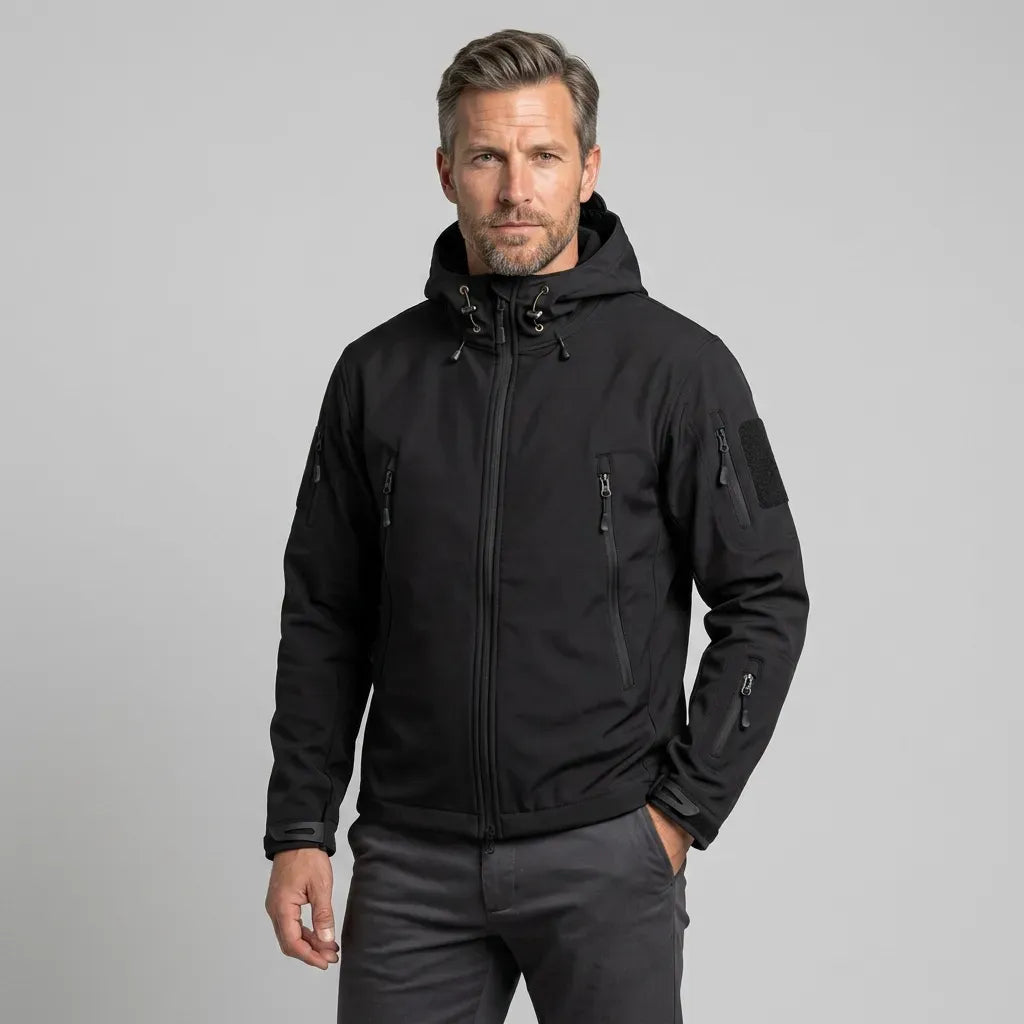 Softshelljacke für Herren mit Kapuze im taktischen Stil und winddicht Schwarz 4