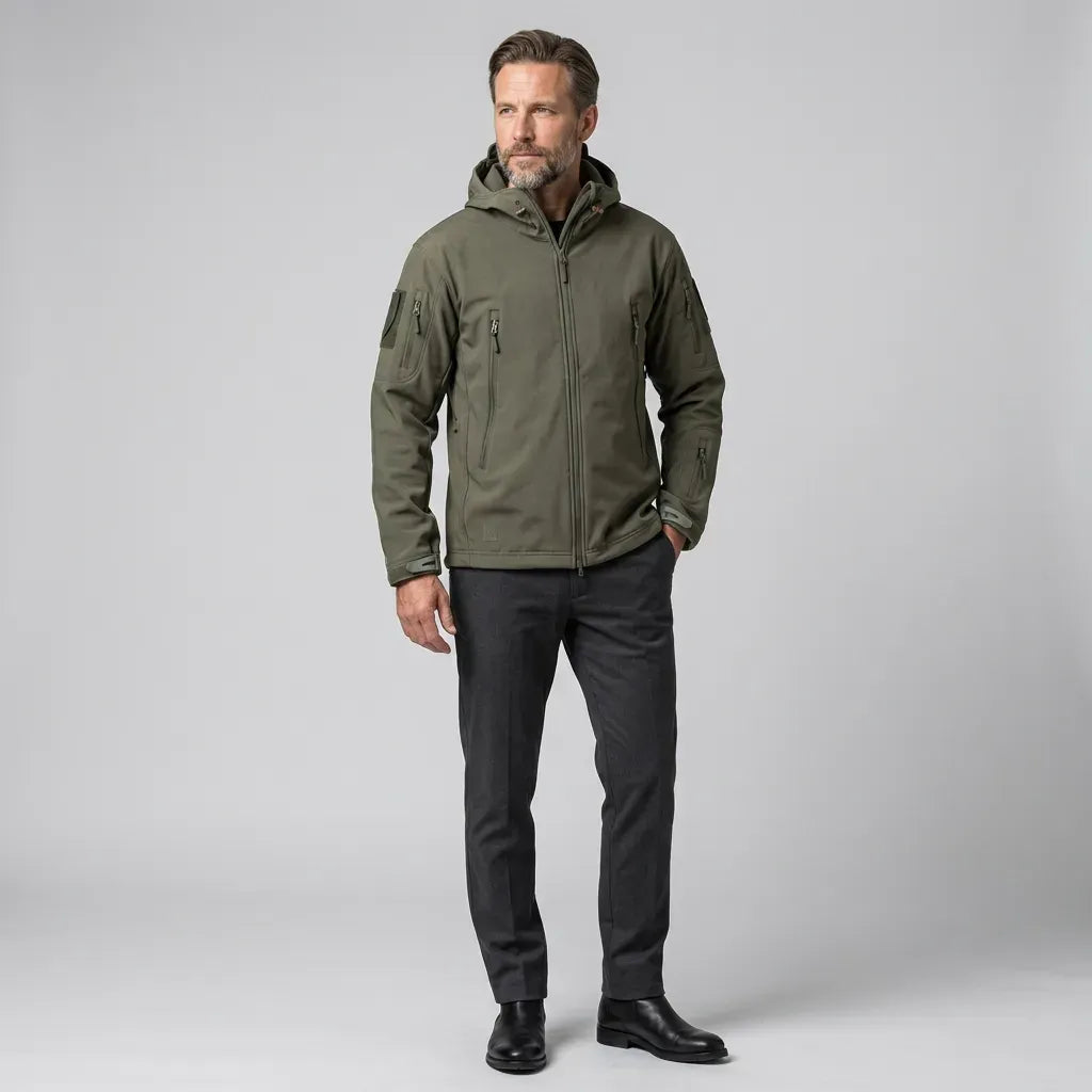 Softshelljacke für Herren mit Kapuze im taktischen Stil und winddicht Grün 5