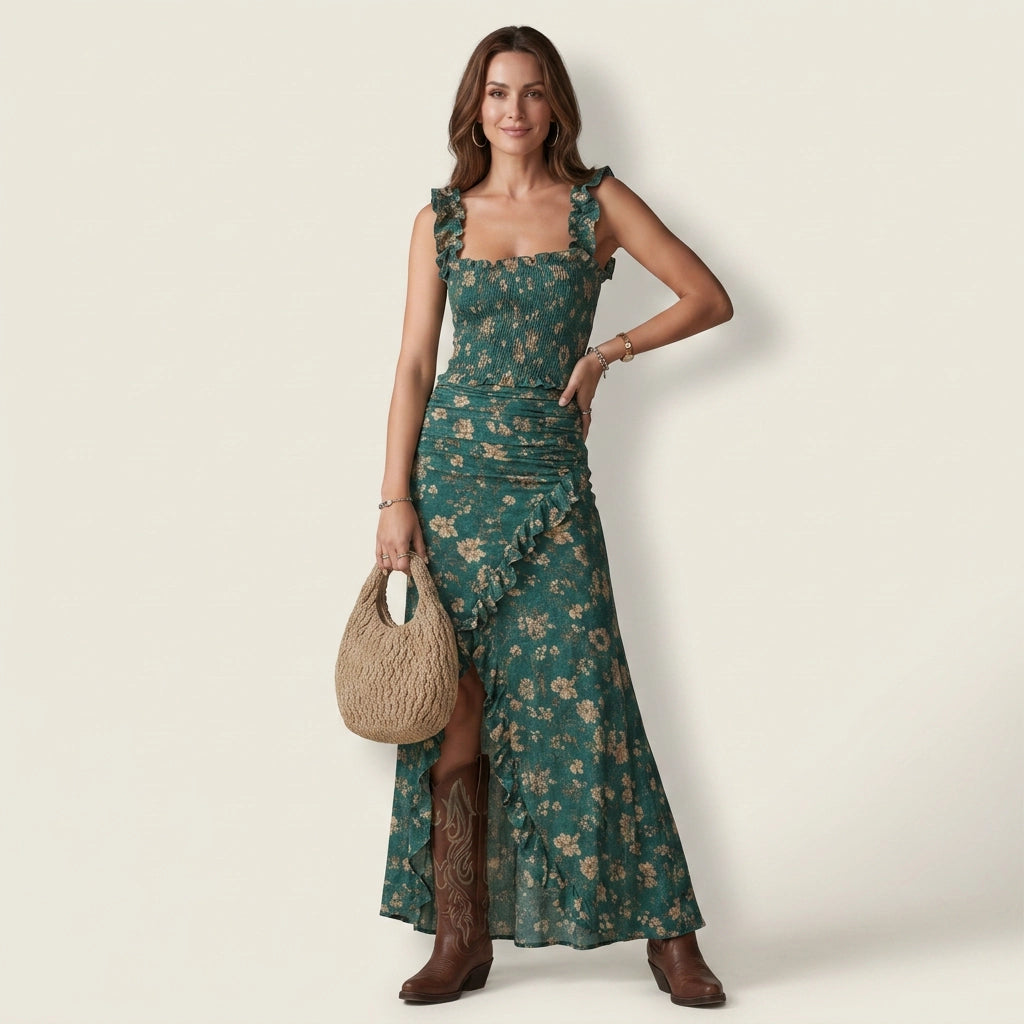 Sommerkleid für Damen im engen Schnitt mit Schlitz im Boho-Stil Grün 2