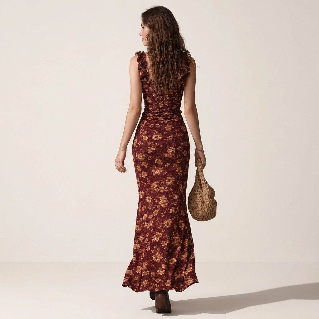 Sommerkleid für Damen im engen Schnitt mit Schlitz im Boho-Stil Bordeaux 6