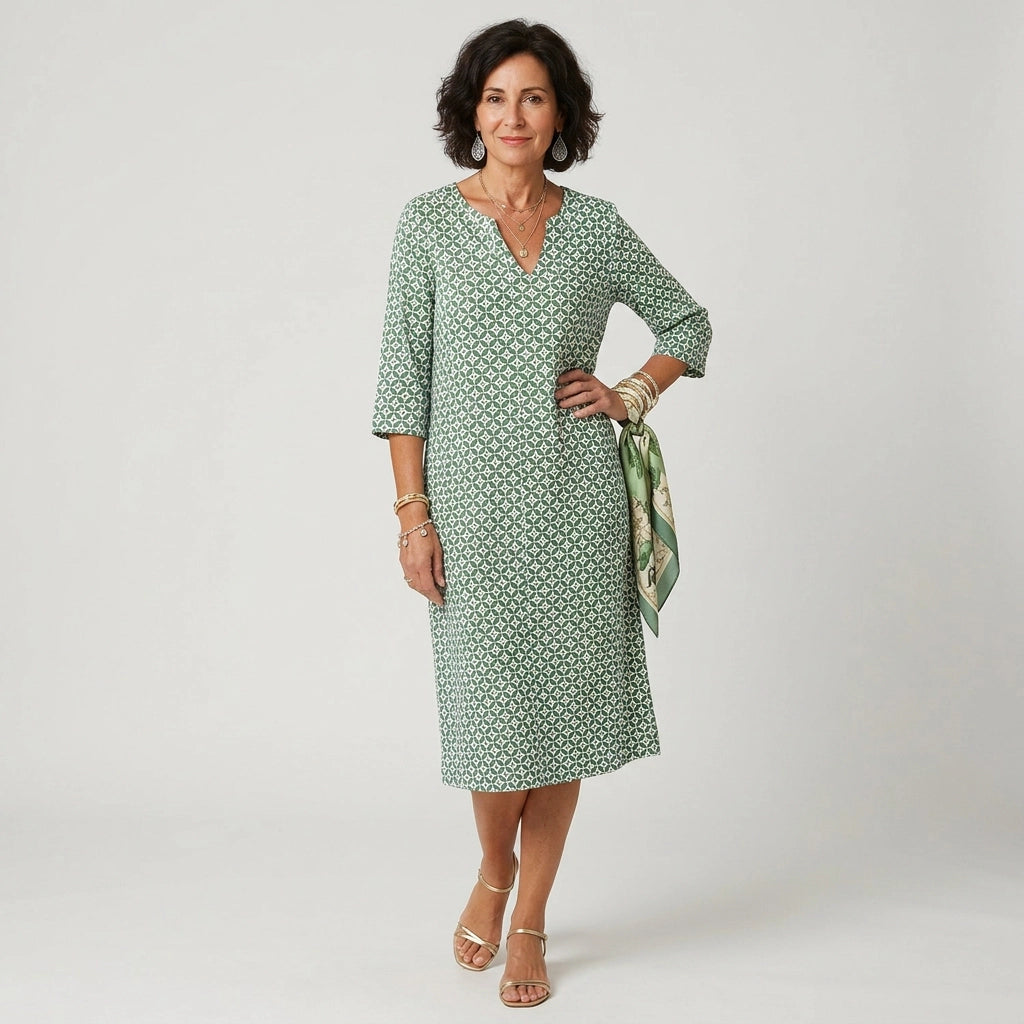 Sommerkleid für Damen im Etui Stil mit 3/4 Arm und V-Ausschnitt Grün 2
