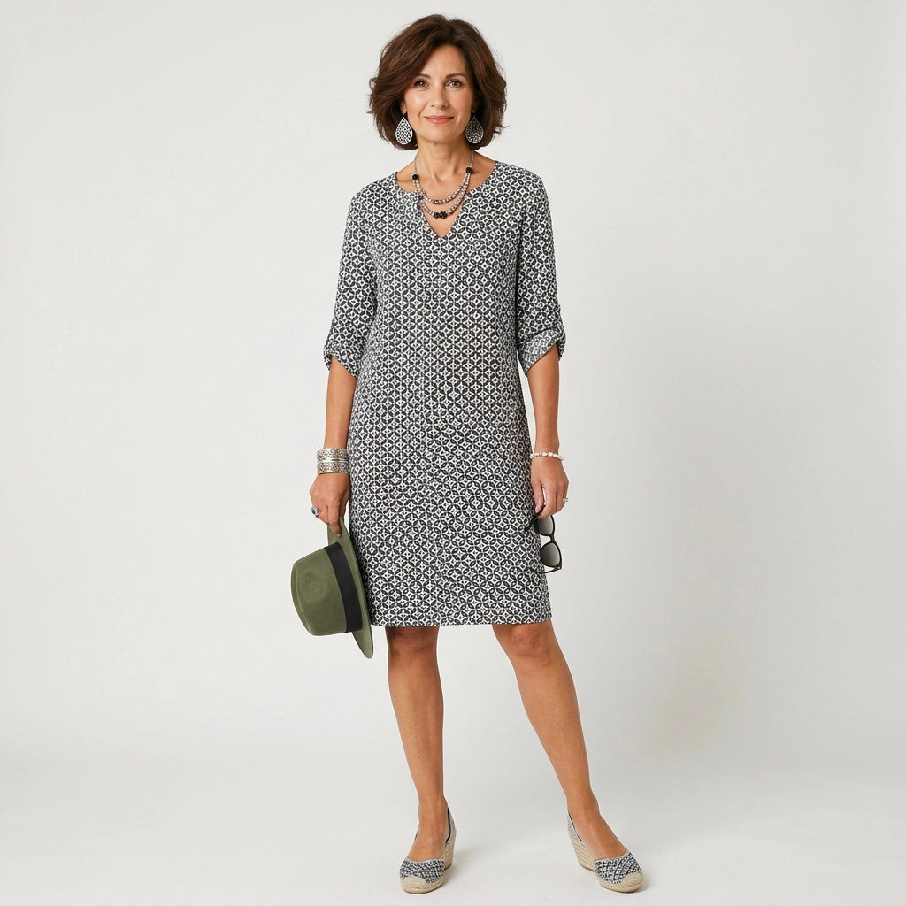 Sommerkleid für Damen im Etui Stil mit 3/4 Arm und V-Ausschnitt Grau 4