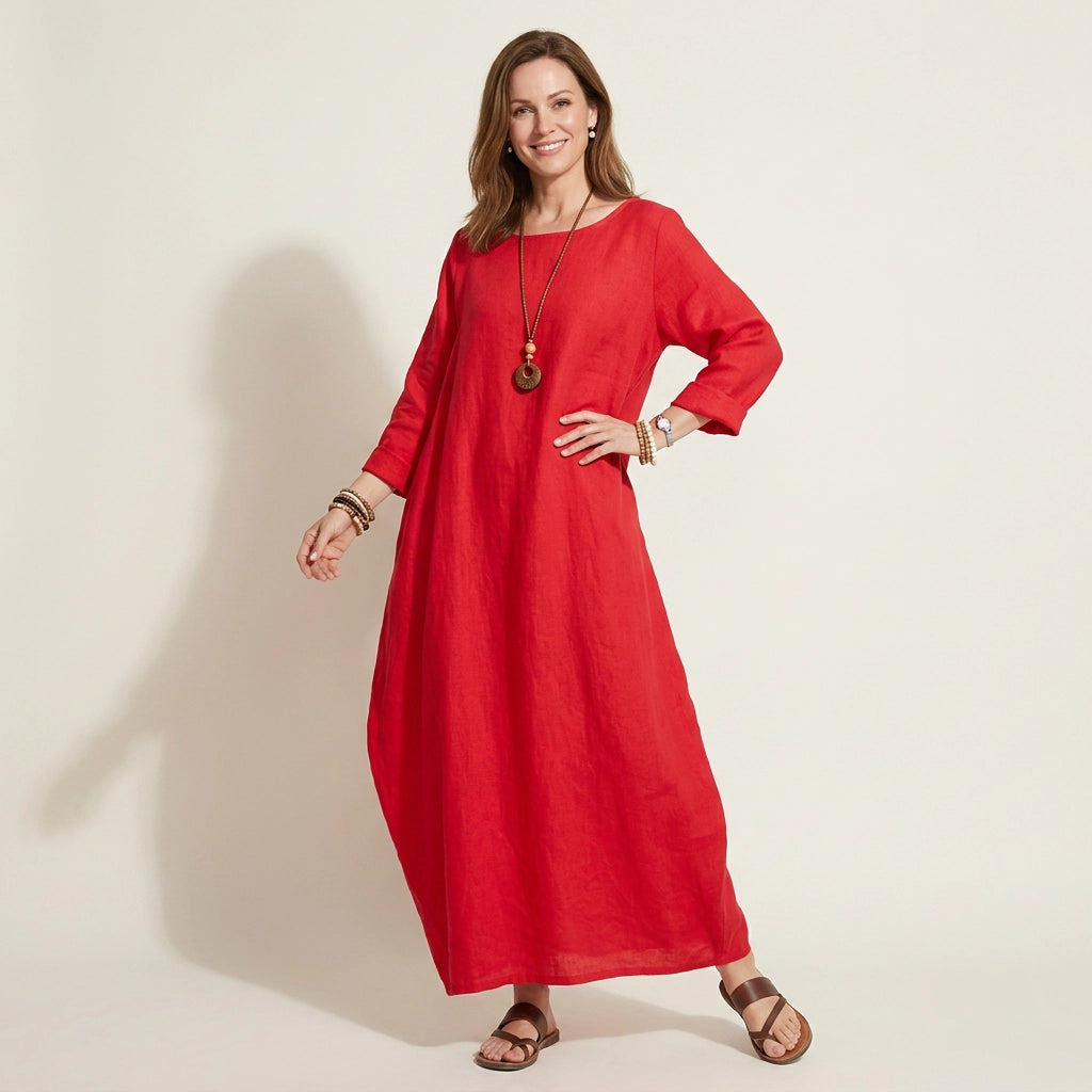 Sommerkleid für Damen in A-Linie aus Leinen für den Strand Rot 2