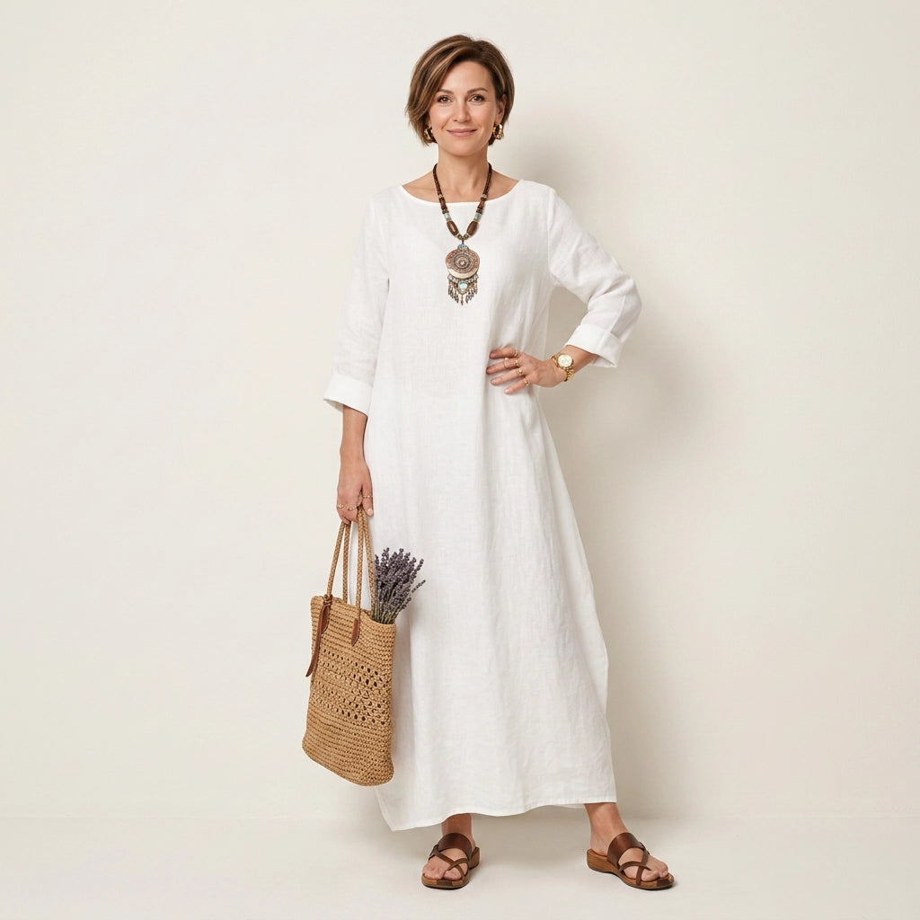 Sommerkleid für Damen in A-Linie aus Leinen für den Strand Weiß 3