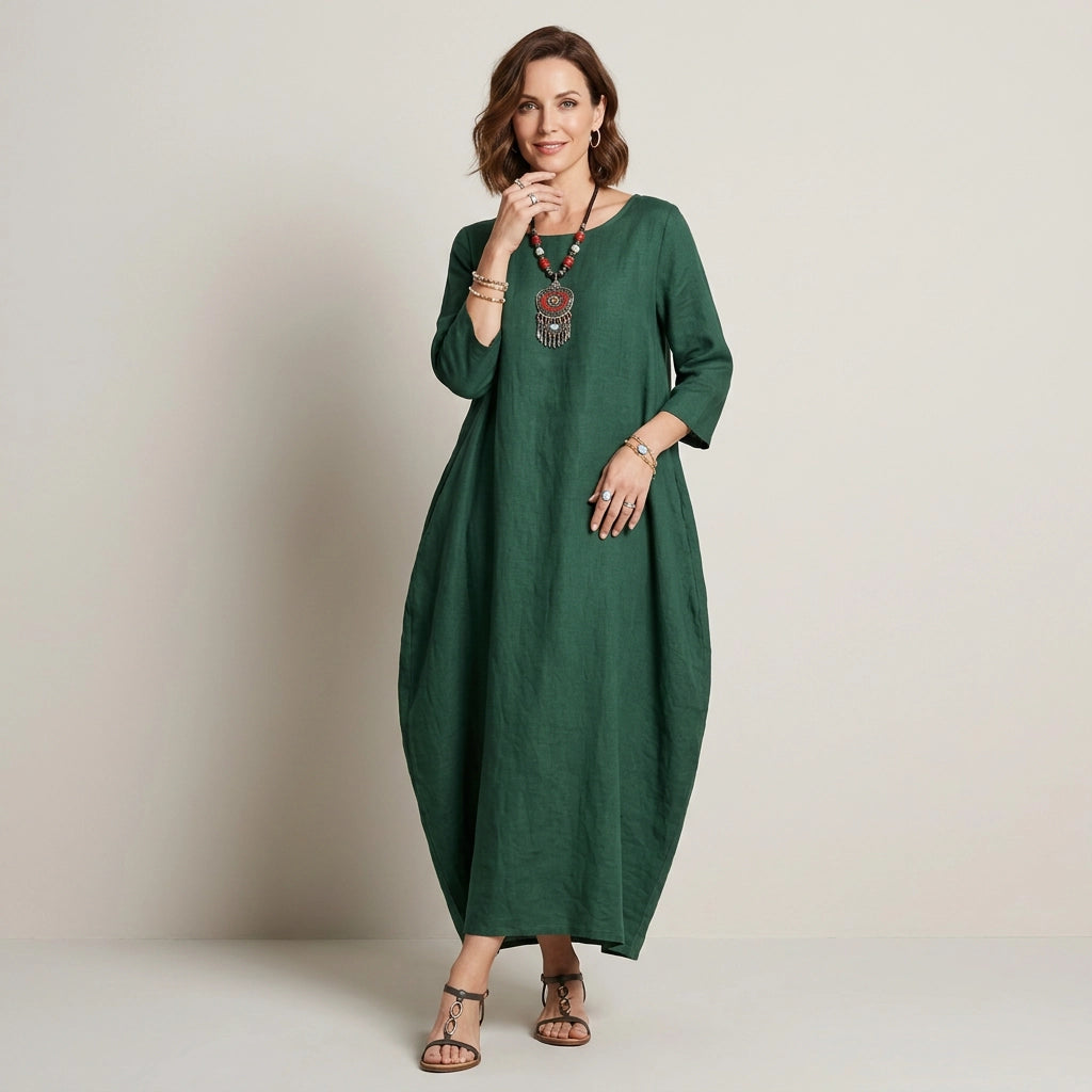 Sommerkleid für Damen in A-Linie aus Leinen für den Strand Dunkelgrün 4