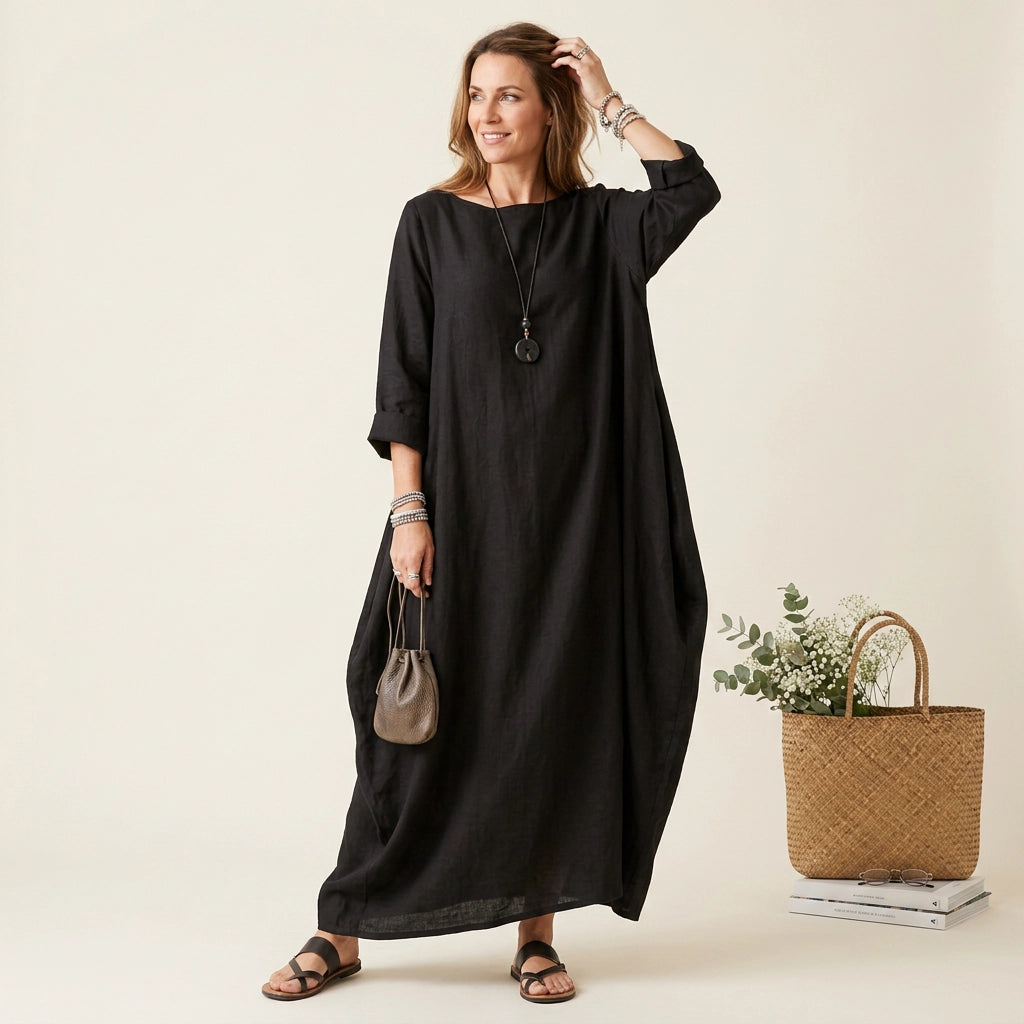 Sommerkleid für Damen in A-Linie aus Leinen für den Strand Schwarz 5