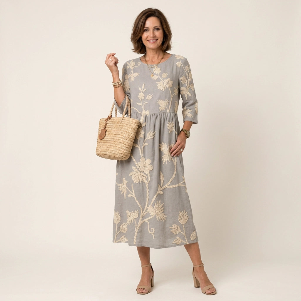 Sommerkleid für Damen in A-Linie mit 3/4-Arm aus Baumwolle Grau 1