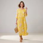 Sommerkleid für Damen in A-Linie mit 3/4-Arm aus Baumwolle Gelb 2