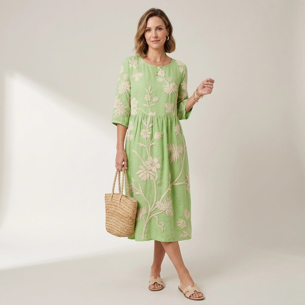 Sommerkleid für Damen in A-Linie mit 3/4-Arm aus Baumwolle Mintgrün 3