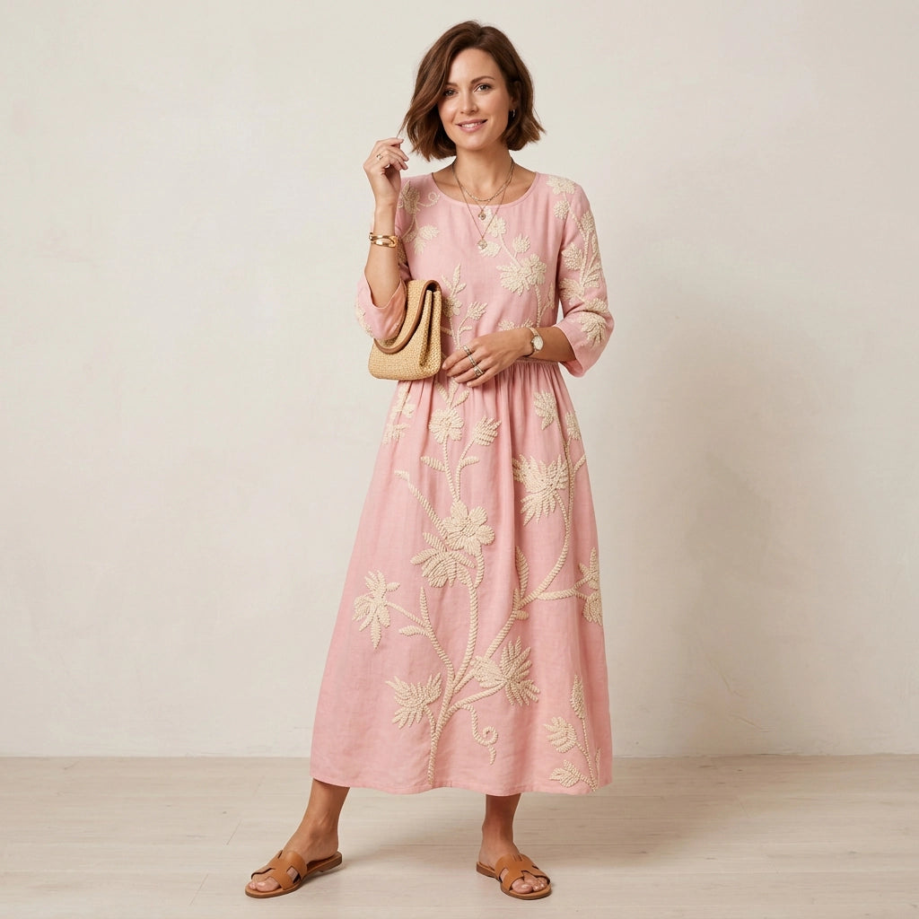 Sommerkleid für Damen in A-Linie mit 3/4-Arm aus Baumwolle Rosa 5