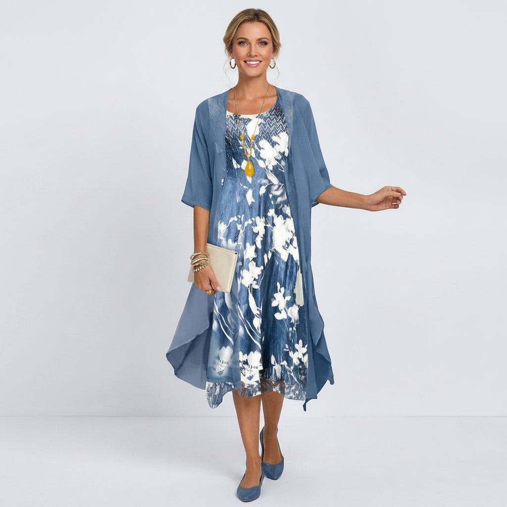 Sommerkleid für Damen in A-Linie mit 3/4-Arm im Blumenmuster Blau 1