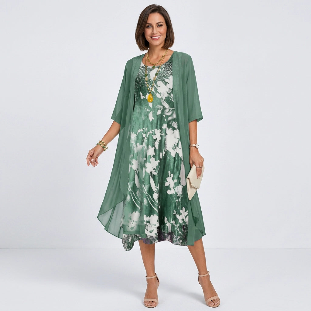 Sommerkleid für Damen in A-Linie mit 3/4-Arm im Blumenmuster Grün 2