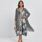 Sommerkleid für Damen in A-Linie mit 3/4-Arm im Blumenmuster Grau 3