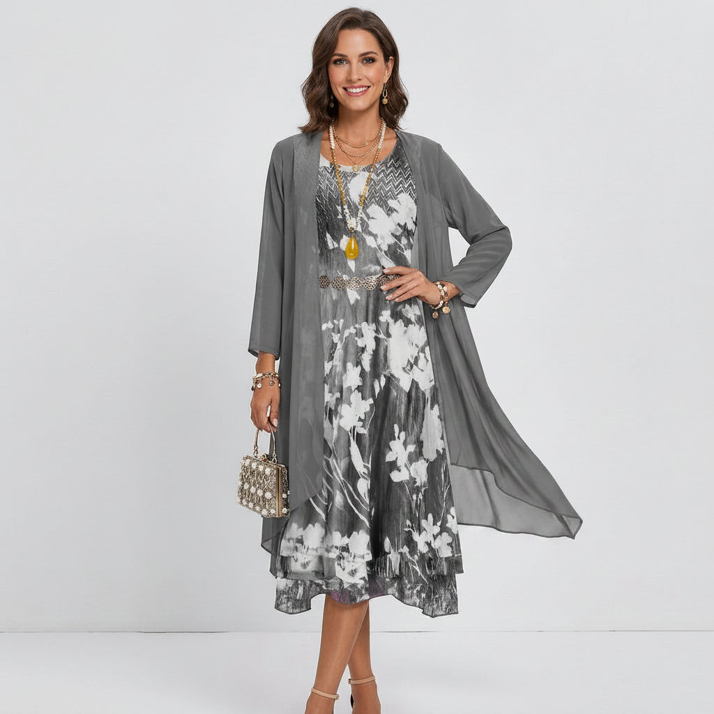 Sommerkleid für Damen in A-Linie mit 3/4-Arm im Blumenmuster Grau 3