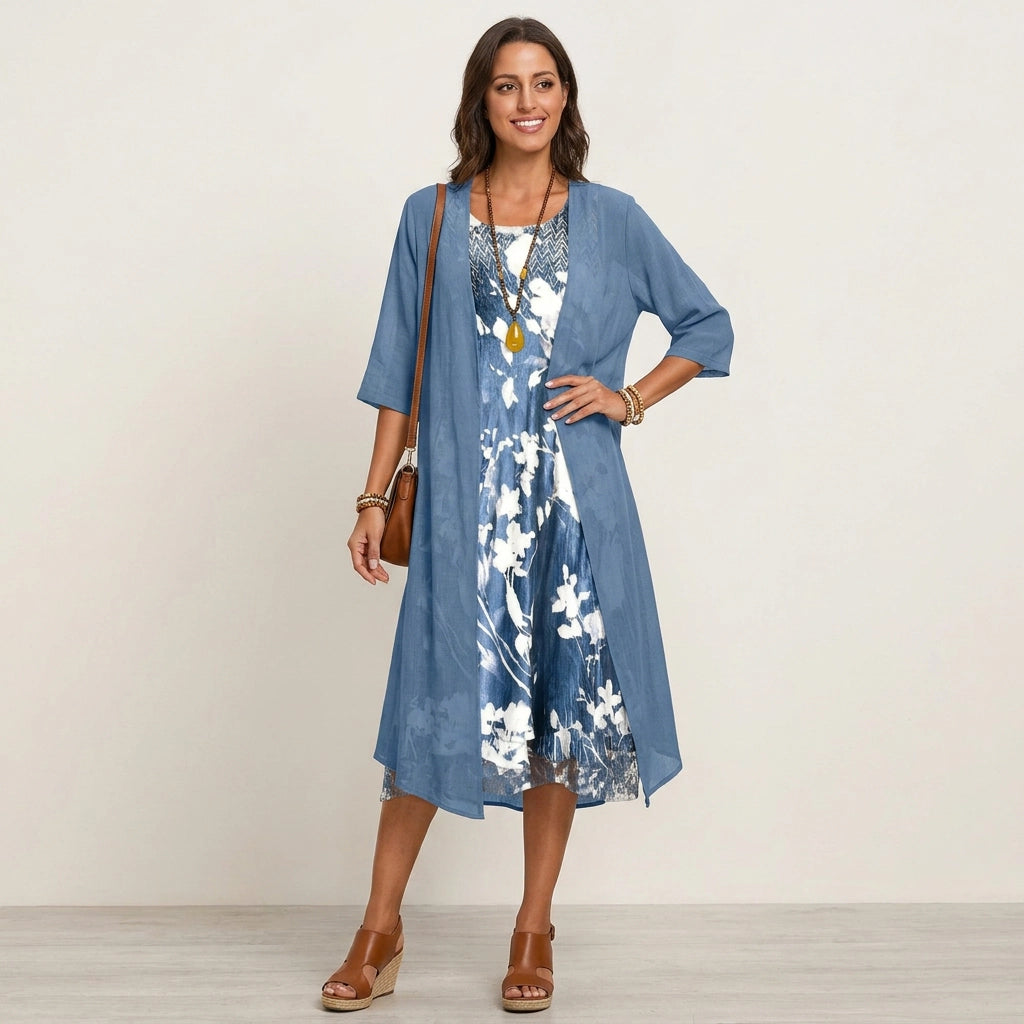 Sommerkleid für Damen in A-Linie mit Blumenmuster ärmellos im Zweiteiler Stil Blau 2