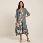 Sommerkleid für Damen in A-Linie mit Blumenmuster ärmellos  im Zweiteiler Stil Grau 3