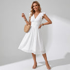 Sommerkleid für Damen in A-Linie mit Flügelärmeln und V-Ausschnitt Weiß 1