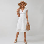 Sommerkleid für Damen in A-Linie mit Flügelärmeln und V-Ausschnitt Weiß 2