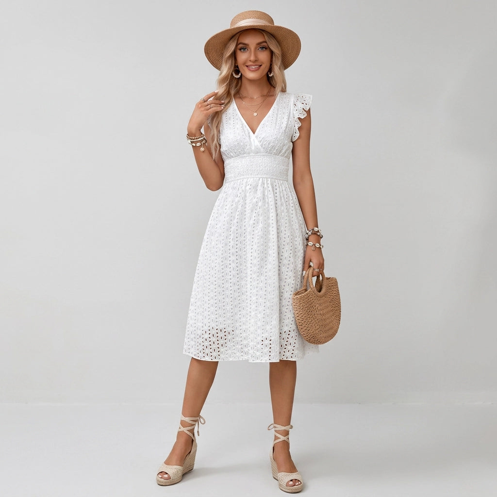 Sommerkleid für Damen in A-Linie mit Flügelärmeln und V-Ausschnitt Weiß 2