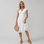 Sommerkleid für Damen in A-Linie mit Flügelärmeln und V-Ausschnitt Weiß 4