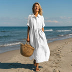 Sommerkleid für Damen in A-Linie mit kurzen Ärmeln aus Leinen 1