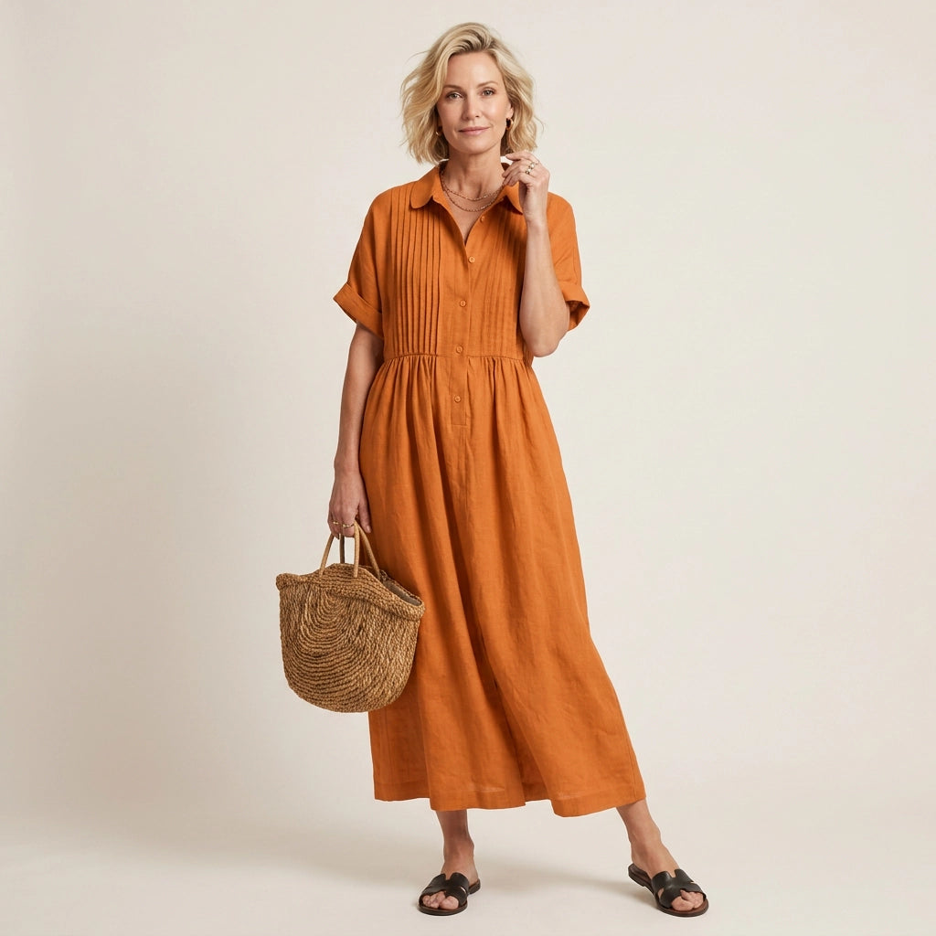 Sommerkleid für Damen in A-Linie mit kurzen Ärmeln aus Leinen Orange 3