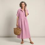 Sommerkleid für Damen in A-Linie mit kurzen Ärmeln aus Leinen Rosa 5