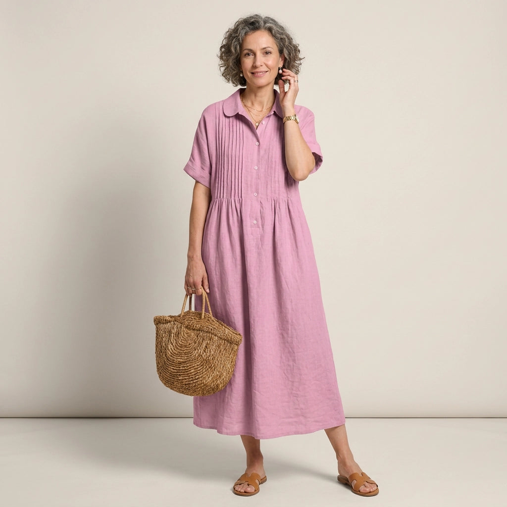 Sommerkleid für Damen in A-Linie mit kurzen Ärmeln aus Leinen Rosa 5