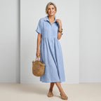 Sommerkleid für Damen in A-Linie mit kurzen Ärmeln aus Leinen Hellblau 6