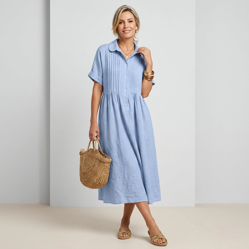 Sommerkleid für Damen in A-Linie mit kurzen Ärmeln aus Leinen Hellblau 6